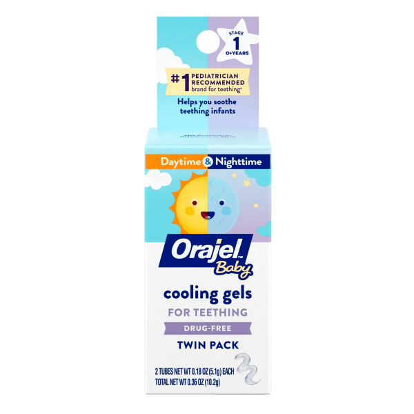 Orajel Baby Ban ngày & amp; Gel làm mát ban đêm dành cho trẻ mọc răng, không chứa thuốc, Thương hiệu số 1 được bác sĩ nhi khoa khuyên dùng dành cho trẻ mọc răng*, Hai ống 0,18oz